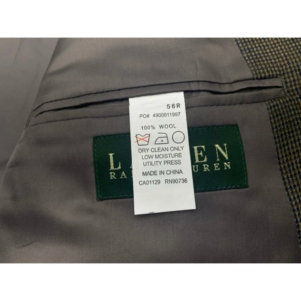 Ralph Lauren Wool Blazer Jacket Mens 56R Olive Brown Micro Check Two Button